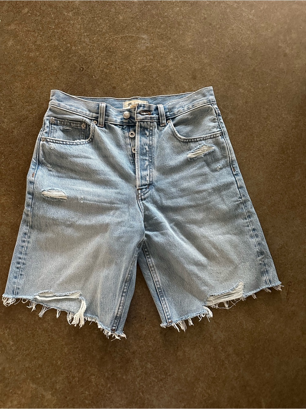 Madewell Essex Long Baggy Shorts Light Blue Distressed Denim Shorts
